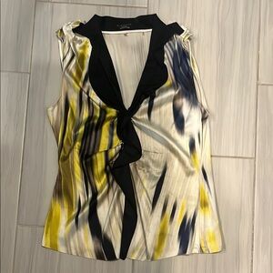 Calvin Klein Black and Yellow Graphic Ruffled Blouse